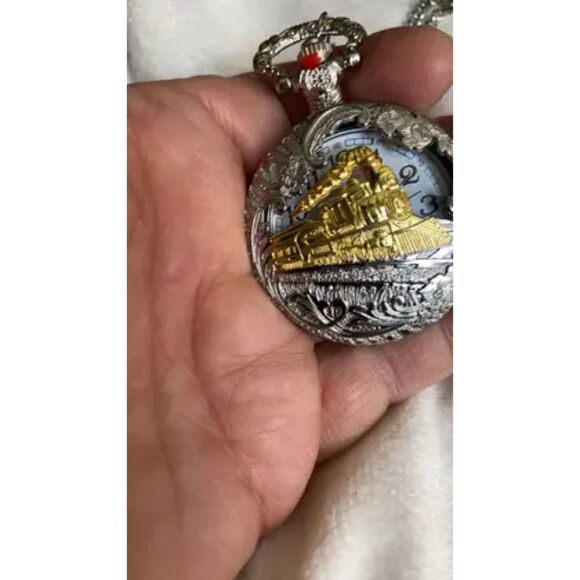 New Silver & Gold Colored Locomotive Design Pocket Watch w/ Chain - Picture 7 of 10
